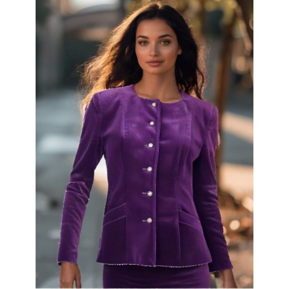 80s Dereta Skirt Skirt Suit Women Size S Velvet Purple Button Up Pockets Lined